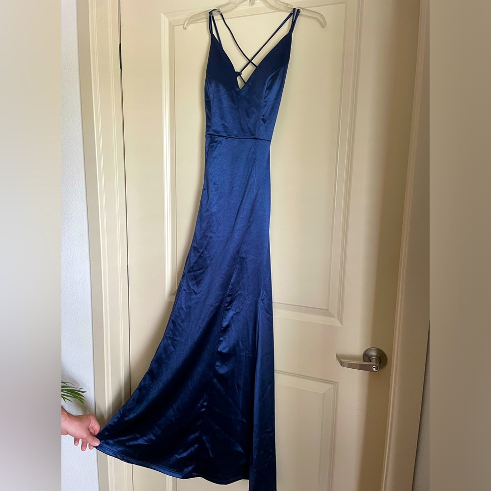Windsor Blue Satin Formal Dress with lace up back, size Medium.